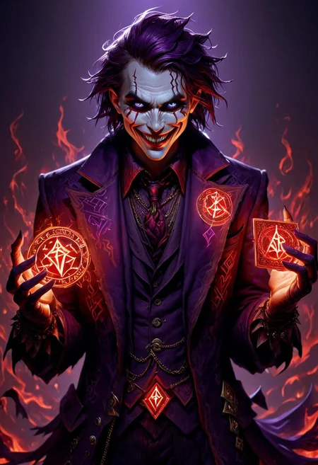 PEJoker, high quality, HD, full body, dramatic lighting, cinematic composition, detailed, glowing rune costume, dark violet glowing runes, intense eyes, wide smile, concept art, trending on ArtStation, (dark, evening, (vignette))), holding a red glowing rune card