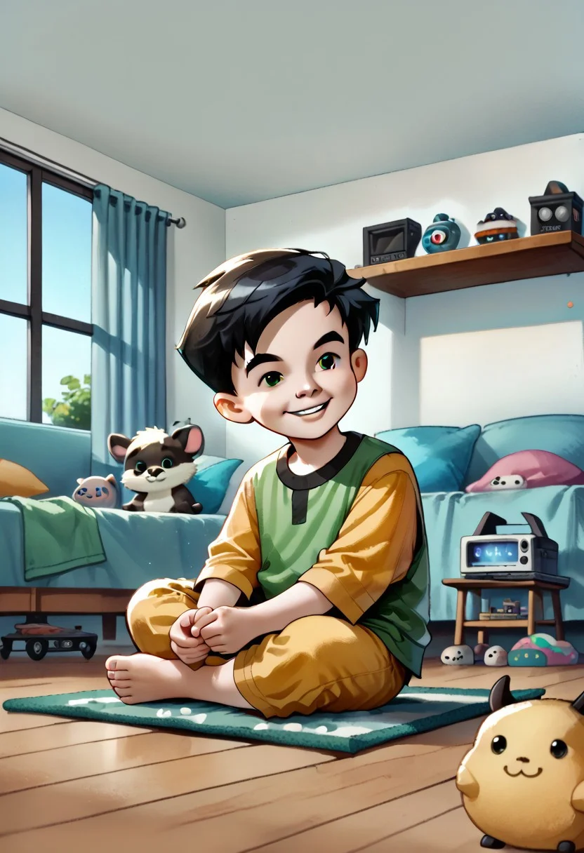 DarirStyle
score_9, score_8_up, score_7_up, score_6_up, score_5_up, score_4_up, cute boy , Matt_McGinnis, Black Hair, Black Eyes, green eyes, smog smile, wear pajamas, tiny shorts , Tank top shirt , bare foot , sitting in a chair , messy bedroom , TV , games , windows , sun.