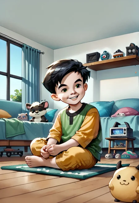 DarirStyle
score_9, score_8_up, score_7_up, score_6_up, score_5_up, score_4_up, cute boy , Matt_McGinnis, Black Hair, Black Eyes, green eyes, smog smile, wear pajamas, tiny shorts , Tank top shirt , bare foot , sitting in a chair , messy bedroom , TV , games , windows , sun.