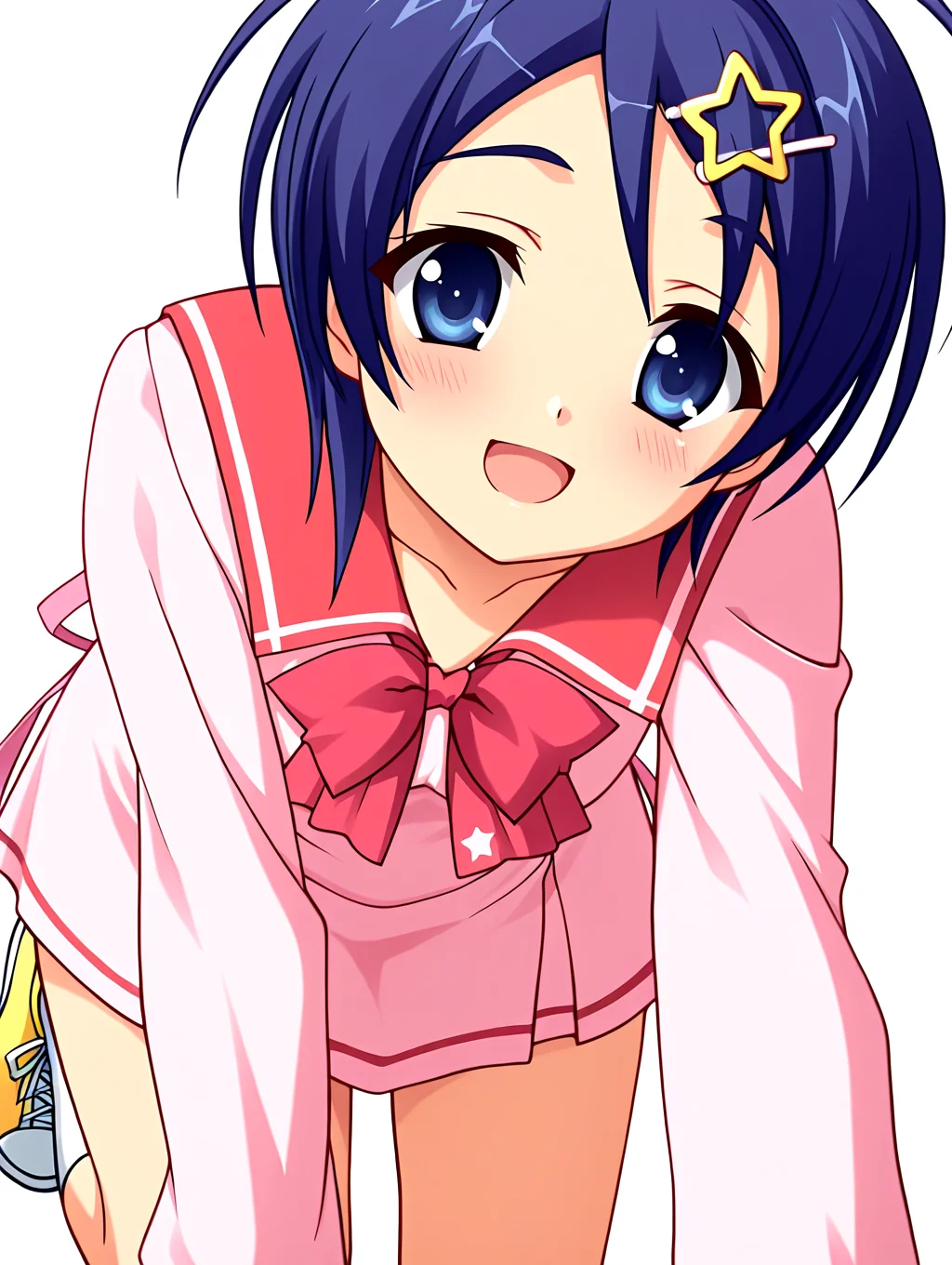 simple background,solid white background,
masterpiece,best quality,newest,absurdres,highres,detailed eyes,beautiful,detailed background,perfect eyes,anime coloring,anime screencap,
nsfw,explicit,<lora:add-detail-xl:1>,<lora:ponyv4_noob1_2_adamW-000017:0.8>,wear clothes,
1girl,solo,
looking at viewer,smile,open mouth,blush,
<lora:IL-Tokusa-Honoka-10:1>,il-honoka-tenshin,school uniform,pink serafuku dress,short hair,hair ornament,hairclip,(red bowtie),hairclip star (symbol),pink dress,blue eyes,pink ribbon,(long wavy ribbon on dress),thin ribbon,blue hair,red sailor collar,bangs,long sleeves,yellow sneakers,