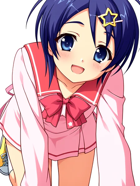 simple background,solid white background,
masterpiece,best quality,newest,absurdres,highres,detailed eyes,beautiful,detailed background,perfect eyes,anime coloring,anime screencap,
nsfw,explicit,<lora:add-detail-xl:1>,<lora:ponyv4_noob1_2_adamW-000017:0.8>,wear clothes,
1girl,solo,
looking at viewer,smile,open mouth,blush,
<lora:IL-Tokusa-Honoka-10:1>,il-honoka-tenshin,school uniform,pink serafuku dress,short hair,hair ornament,hairclip,(red bowtie),hairclip star (symbol),pink dress,blue eyes,pink ribbon,(long wavy ribbon on dress),thin ribbon,blue hair,red sailor collar,bangs,long sleeves,yellow sneakers,