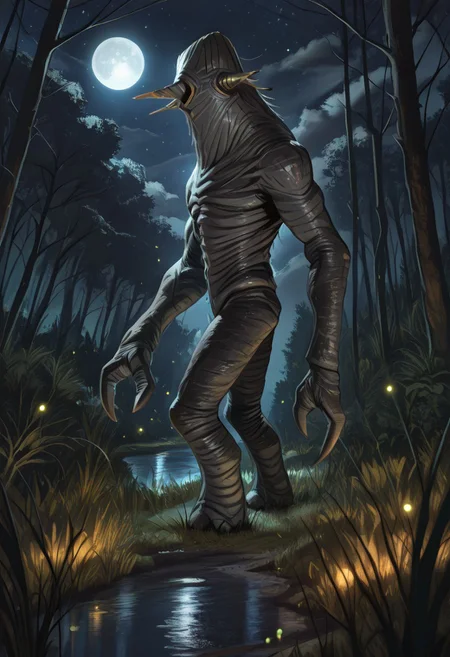 masterpiece,best quality,amazing quality,very aesthetic,absurdres,newest, huge filesize, absurd res, 
pascaH, no face, monster, grey skin, wrinkly body, horns, full body, side view, claws, forest, nighttime, stars, moon, trees, clouds, grass, fireflies, beautiful, glowing, scenery,