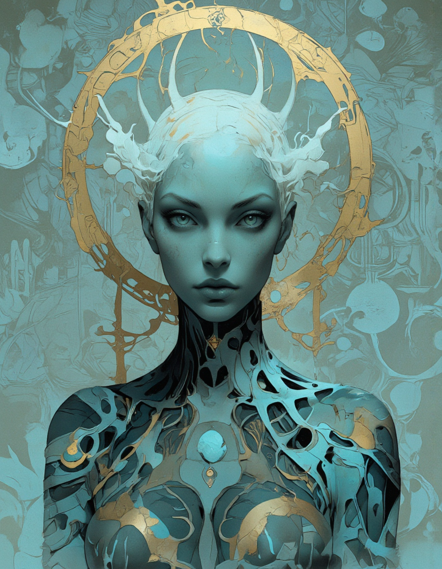 Ethereal minimalist Alien race cybergoth fashion photography painting, in the style of teal and gold, use of palette knives, waist-high portrait, intricate, sharp_focus, concept_art, background zentangle fog.
Niji Stan Katayama style.
