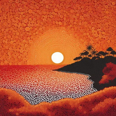 lino:halftone pointillism sunset over idyllic island, shockwaves, aboriginal, interference pattern, rolling thunder, ocean swirl, little fluffy clouds, whirlpool, blood orange style