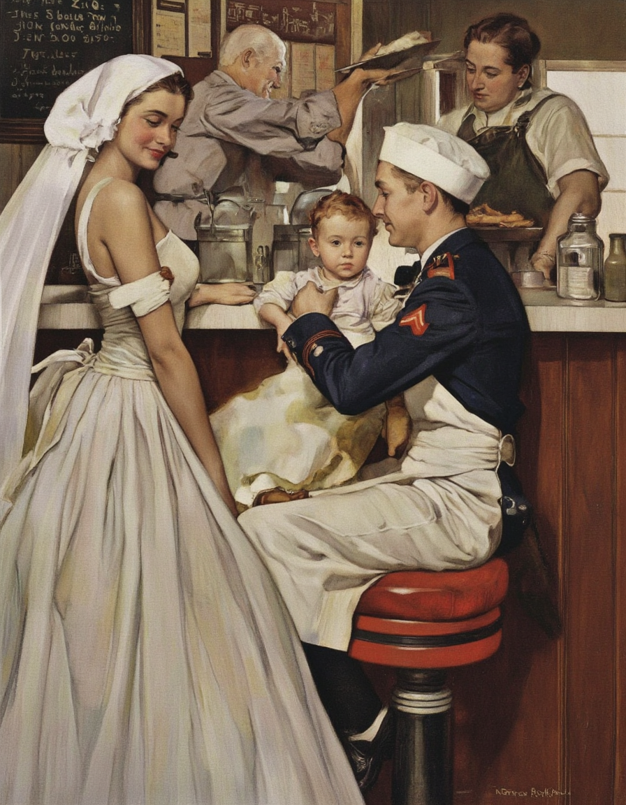 Art by Norman Rockwell. A vintage wedding scene from the side, captured in a realistic digital painting by Norman Rockwell in the 1950s. the scene depicts a romantic and intimate moment between a woman in a white dress and a man in a military uniform sitting at a counter in a diner. the woman, who appears to be in her early twenties, is standing in the middle of the image, looking at the man with a smile on her face, while the man, who is wearing a chef's hat and apron, is sitting on a red stool to the right of the woman. he is holding a small child in his arms, and the woman is looking at him with a gentle expression. the man in the background is standing behind the counter, holding a tray of food, and he is looking down at the woman with a warm and friendly demeanor. the diner has a rustic, dimly lit atmosphere, with a chalkboard menu board and wooden walls, adding to the vintage feel of the scene. the artist's signature "Norman Rockwell" is visible in the bottom right corner of the painting, adding a touch of authenticity to the image.