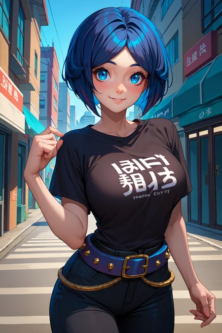 score_9, score_8_up, score_7_up, score_6_up, source_anime, 1girl, solo <lora:pkmnevelyn-pdxl-nvwls-v1-000006:1> pmEvelyn, dark blue hair, bob cut, parted bangs, short hair, blue eyes, large breasts, black t-shirt, black pants, studded belt, looking at you, happy, blush, city