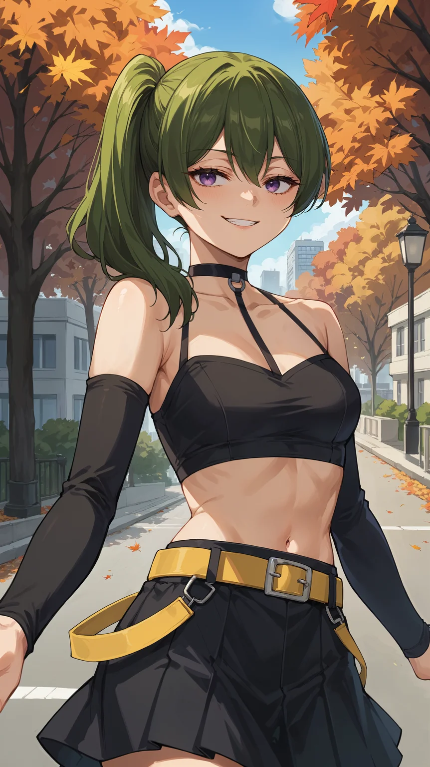 score_9,score_8_up,score_7_up,score_6_up, <lora:xl_more_art-full_v1:0.5>, source_anime, girl, <lora:Ubel - Pony-000004:0.8>, dynamic pose, spread arms, dark green hair, side ponytail, purple eyes, belt, long sleeves, black skirt, black choker, black crop top, bare shoulders, yellow belt, midriff, collarbone, smug, autumn leaves, autumn, falling leaves, city park,