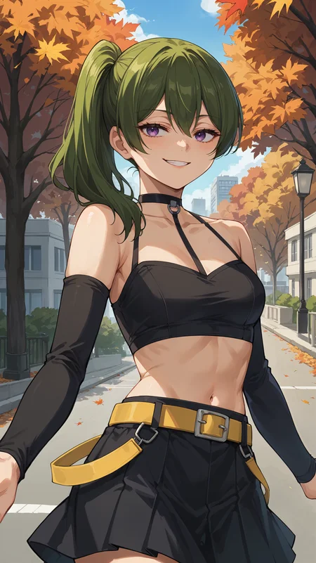 score_9,score_8_up,score_7_up,score_6_up, <lora:xl_more_art-full_v1:0.5>, source_anime, girl, <lora:Ubel - Pony-000004:0.8>, dynamic pose, spread arms, dark green hair, side ponytail, purple eyes, belt, long sleeves, black skirt, black choker, black crop top, bare shoulders, yellow belt, midriff, collarbone, smug, autumn leaves, autumn, falling leaves, city park,