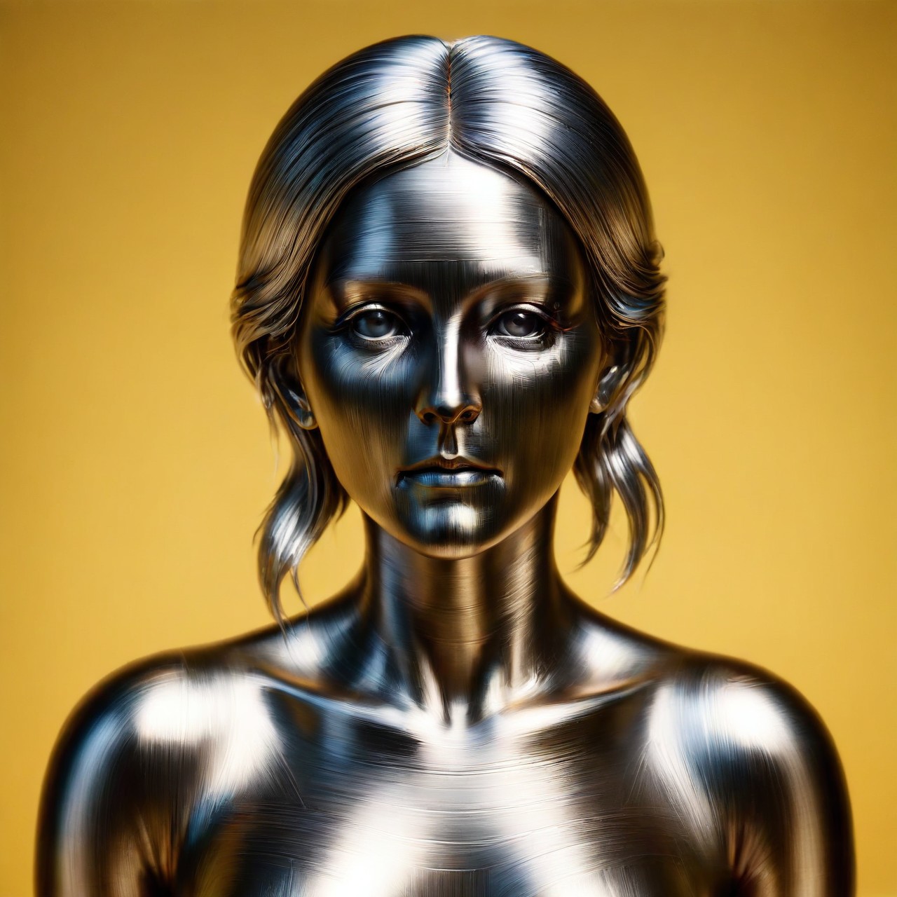 ais-steelz coloured sharp cs-m3tal-ok_v03-1600 professional  photograph of Spanish female zombie, made of anodised aluminum, in a garden <lora:Brushed_Steel_Style_SDXL:1 >