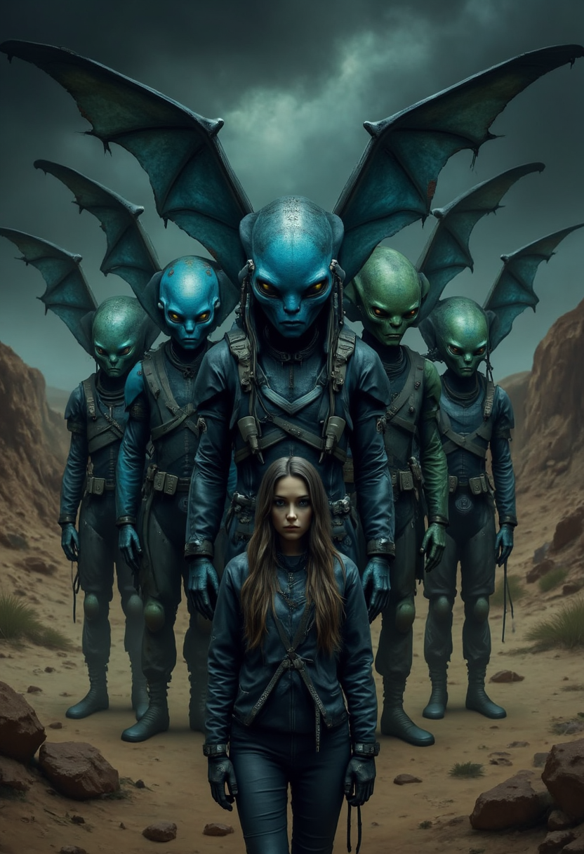Dark and moody yfg-daak, A painting of a group of aliens in a desert. The aliens are blue and green. There are large wings on their heads. There is a woman standing in front of them.
