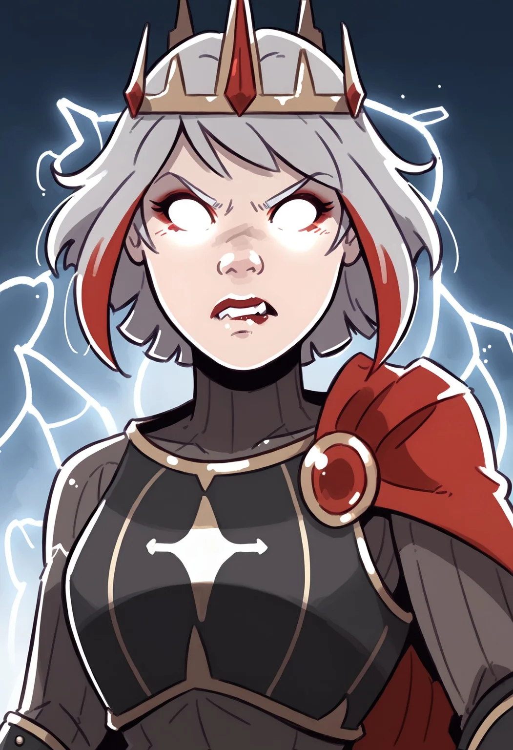 score_9, score_8_up, score_7_up, score_6_up, davecheung-dh BREAK, IncrsLowTier, glowing eyes, no eyes, electricity, upper body, 1girl, solo, looking at viewer, bangs, grey hair, red hair, multicolored hair, teeth, makeup, red lips, streaked hair, angry, crown, armor, biting lips, cape <lora:Ulfger_PDXL:0.6> <lora:KYS_XLPD:0.8> <lora:Artist_Style_-_Dave_Cheung:0.8>