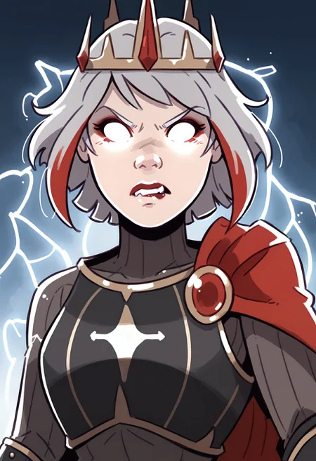 score_9, score_8_up, score_7_up, score_6_up, davecheung-dh BREAK, IncrsLowTier, glowing eyes, no eyes, electricity, upper body, 1girl, solo, looking at viewer, bangs, grey hair, red hair, multicolored hair, teeth, makeup, red lips, streaked hair, angry, crown, armor, biting lips, cape <lora:Ulfger_PDXL:0.6>  <lora:KYS_XLPD:0.8>  <lora:Artist_Style_-_Dave_Cheung:0.8>