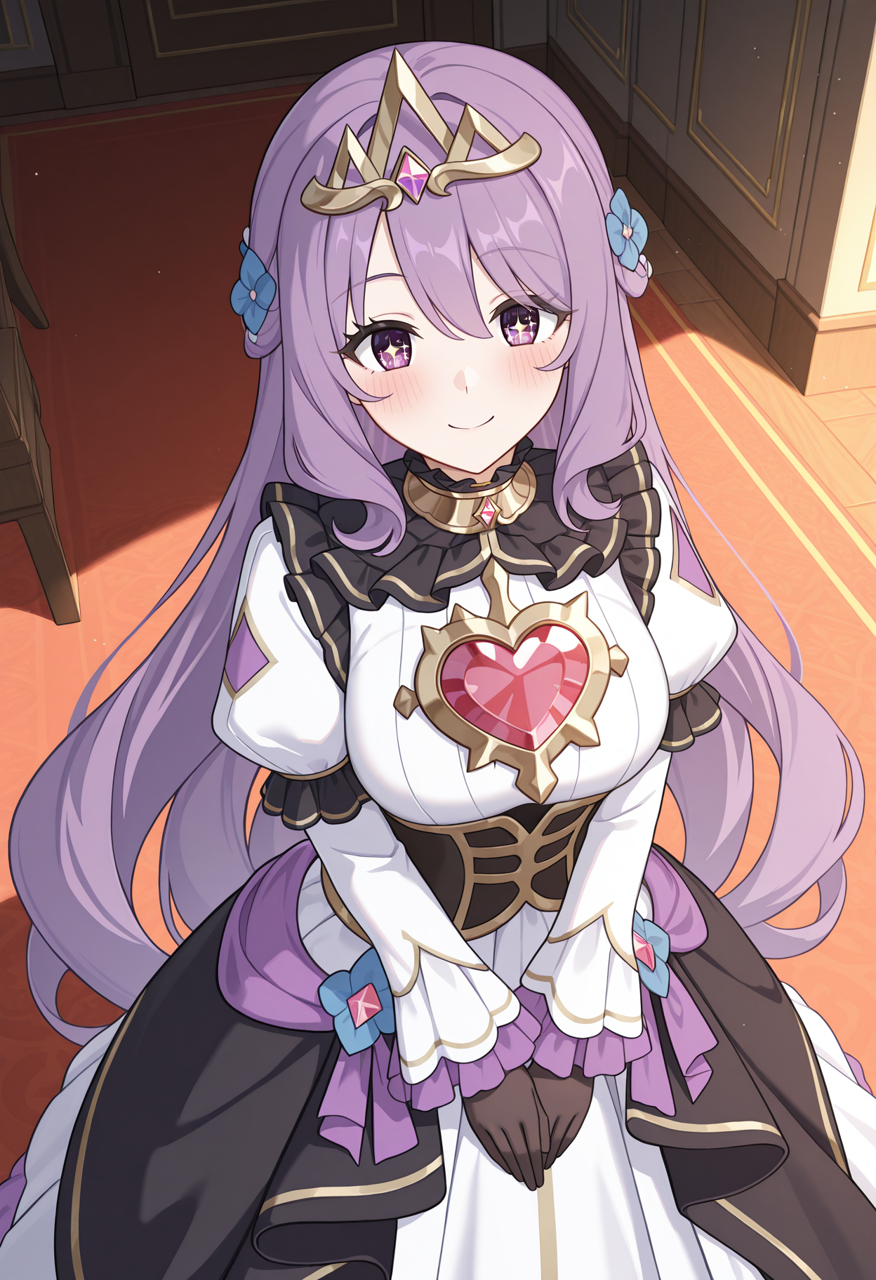 highres, best quality, masterpiece, indoors,
1girl, solo, pcrviolet, purple hair, very long hair, purple eyes, sparkling eyes,
pvioldef, blue flower, tiara, gold choker, white dress, heart brooch, black corset, frilled collar, black collar, juliet sleeves, frilled sleeves, black gloves, black dress, overskirt,
looking at viewer, blush, smile,
standing, from above, v arms, 
<lora:_violet_pcr-elesico-ilxlA:1>