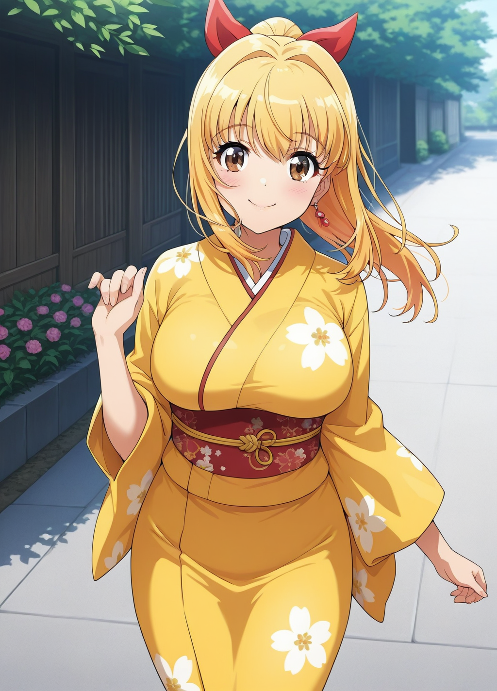 1girl,  marin, long hair, ponytail, blonde hair, brown eyes, large breasts, hair ribbon, earring,
outdoor, yellow kimono, flower print, looking at view, cowboy shot, smile, 
masterpiece, best quality,  <lora:marine_IL:1>