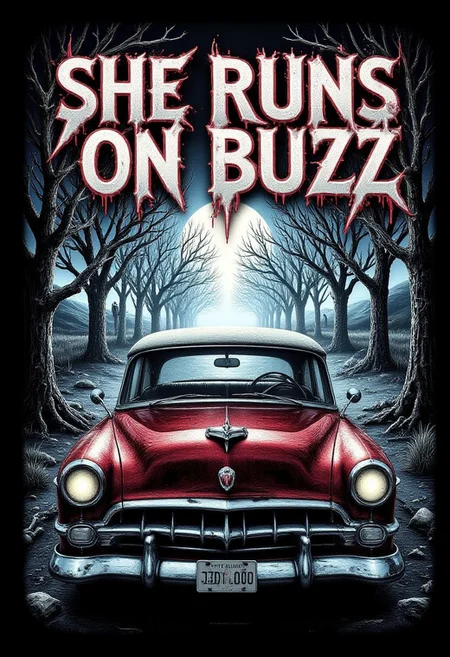 m3t4ll0g0 Text : "SHE RUNS ON BUZZ" . Red Christine car [Christine], 1950s Red Plymouth Fury in foreground, solo, moody lighting, horror movie lighting, desert in background, spooky trees, spooky fog in background, view from ground up, Plymouth Fury car facing viewer, aidmaHalloweenBoost,