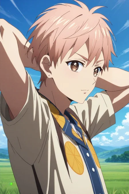 score_9, score_8_up, score_7_up, source_anime, rating_safe, , , looking at viewer, , 1boy, solo, male focus, <lora:shion_asuma_pony:1>, shion_asuma, pink hair, brown eyes, short hair, from side, field, light, arms behind head, sparkling eyes, , <lora:sdxl_lightning_8step_lora:1>