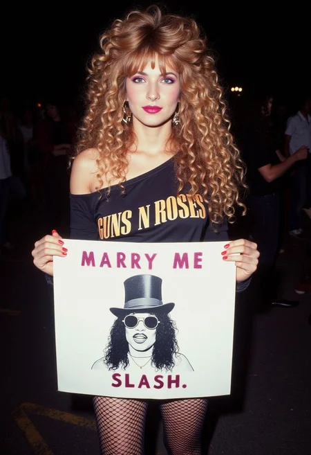 A wide shot night time photograph of an 80s chick at a rock concert with long wild 80s rock hair, voluminous pouffy blonde Sp1ralcurls, teased bangs big hair, wearing a DIY off one shoulder Guns n Roses band tee with ripped jeans and fishnets underneath them. Big hoop earrings,  Hot pink eyeshadow, thick eyebrows,  vibrant blush in an angular swipe along the hollows of the cheeks to the temple, bright fuchsia metallic lipstick, Holding a white poster board up that reads "MARRY ME SLASH" and has a drawing of Slash from guns and roses with a top hat and round sunglasses, low key lighting, film grain