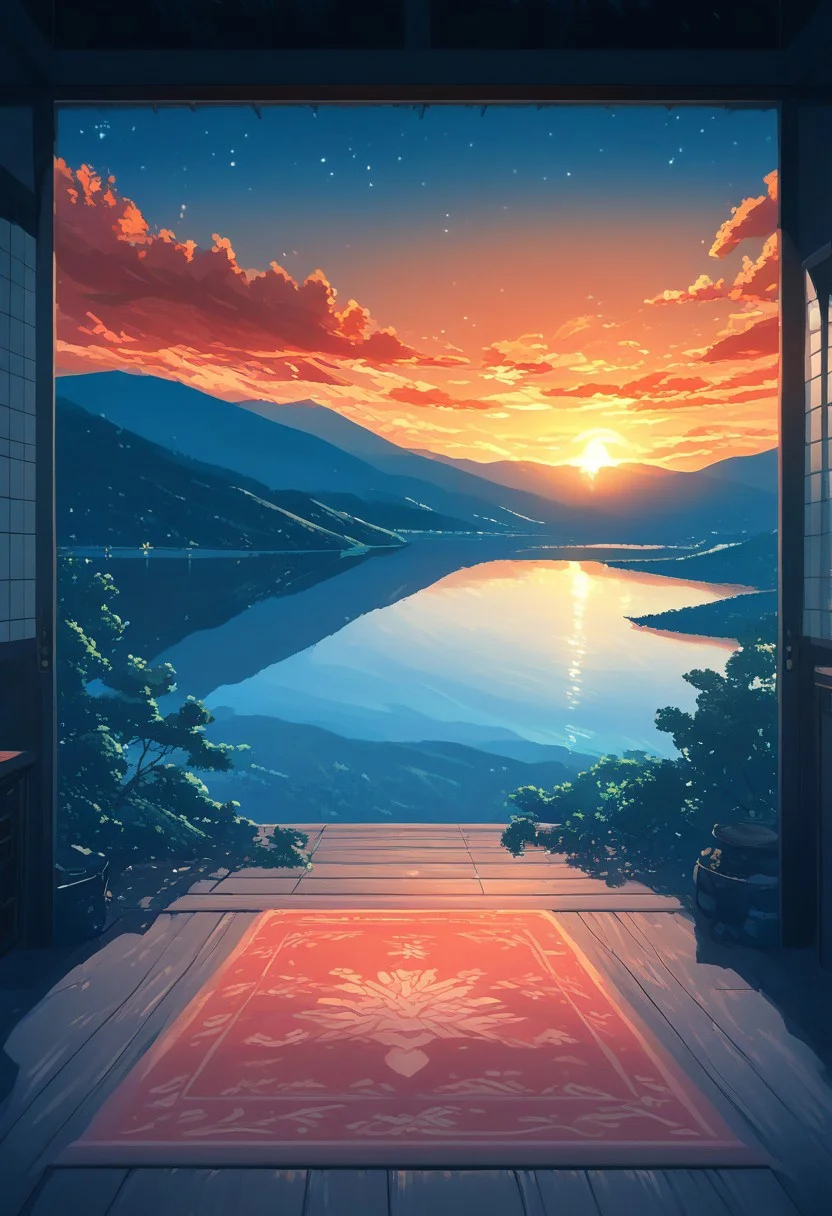 masterpiece,best quality, highly detailed, score_9, score_8_up, score_7_up, score_6_up,source_anime, beautiful scenery, beautiful sunset sky, Sunset ,stars, TerraceWA, lake, sky, mountains, Wooden floor, Ceiling, Door frame,