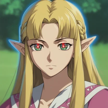 source_anime, D4RK3RTH4NBL4CK, DTB_Style,((score_9)),score_8_up,score_7_up,score_6_up,score_5_up,score_4_up, retro_artstyle, anime style, 1woman, Princess Zelda, blonde hair, large breasts, (green eyes), (C0NTR4CT0R, Contractor, red_pupils, glowing, glowing eyes), looking at viewer, facing viewer, masterpiece, best quality, highres, best illumination, depth of field, Artist style:komori_takahiro