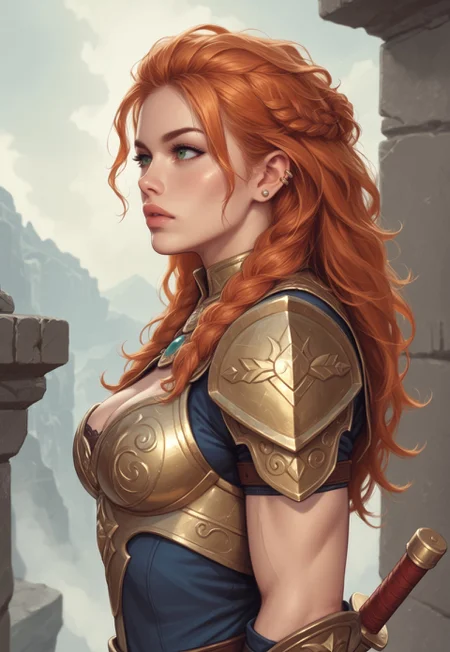 safe_pos, score_9, score_8_up, score_7_up, score_6_up, fearless warrior, intricate golden armor, mythical, flowing ginger hair, hyper-realistic, epic angle, dramatic lighting, wielding a legendary flaming sword, powerful physique, fierce expression, piercing emerald eyes, ready for battle
BREAK
standing atop a ancient stone fortress
BREAK
source_action_art, rating_explicit, awe-inspiring, upper body, side view, powerful stance
BREAK
highly detailed environment, crumbling stone walls, distant mountain range, stormy skies, flickering torches, battle-ready ambiance
