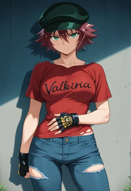 masterpiece,best quality,amazing quality, nanjo kisara, maroon hair, short hair, green eyes, 1girl, gloves, hat, fingerless gloves, solo, torn clothes, looking at viewer, shirt, clothes writing, t-shirt