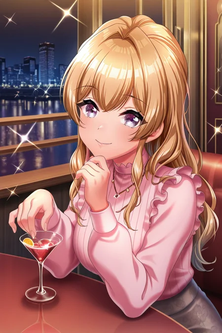 masterpiece, best quality, amazing quality,
<lora:Kase_IL:1> kase, 1girl, solo, purple eyes, smile, necklace, drinking glass, long hair, cup, looking at viewer, jewelry, blonde hair, holding, sparkle, hair intakes, pink shirt, table, city lights, shirt, night, bangs, glint, indoors, sitting, long sleeves, cocktail glass, cslsk