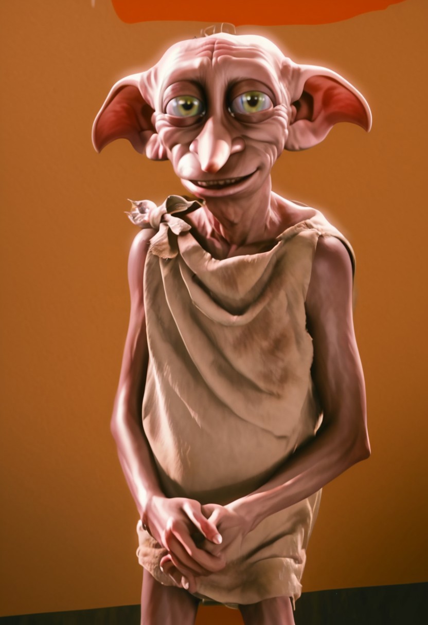 dobby_house-elf, 1male, short, skinny, bald, large green eyes, long nose, long pointed ears, brown skin, sleeveless dark grey rags clothes, barefoot, score_8_up, score_7_up, BREAK, solo, looking at viewer, smiling, rubbing hands, male focus, looking at viewer, bedroom background, detailed background, 4k, masterpiece, best quality, highly detailed, realistic, 3d, cowboy shot