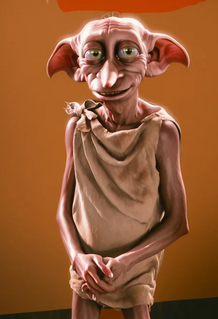 dobby_house-elf, 1male, short, skinny, bald, large green eyes, long nose, long pointed ears, brown skin, sleeveless dark grey rags clothes, barefoot, score_8_up, score_7_up, BREAK, solo, looking at viewer, smiling, rubbing hands, male focus, looking at viewer, bedroom background, detailed background, 4k, masterpiece, best quality, highly detailed, realistic, 3d, cowboy shot