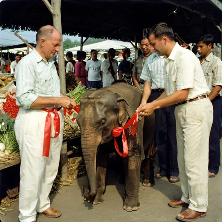 1936 kodachrome photo of a rich white man buying a baby elephant with a red ribbon at a market in India<lora:boring-v4:0.8><lora:boring-alpha-v3:0.3> <lora:boring-v4-faces-version:0.3>