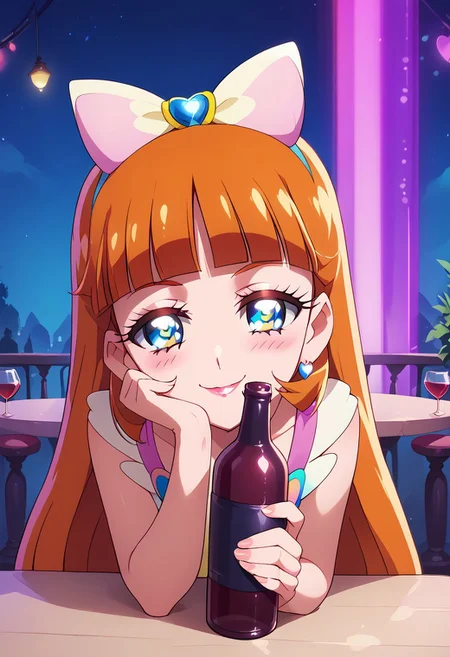 Expressiveh, score_9, score_8_up, score_7_up, score_6_up, score_5_up, score_4_up, godrays, 1girl, pose, smile, looking at viewer, hotel bar, neon, color lights, dim, night, (bent over table), face focus, sexy, ((holding a bottle of wine)), drunk, (glittering pastel clothing, glossy sparkling fabric) makeup, long eyelashes, glossy lipstick, (soft blush), eyeshadow, hand on the cheek
(((cure nyammy, wonderful precure!))),