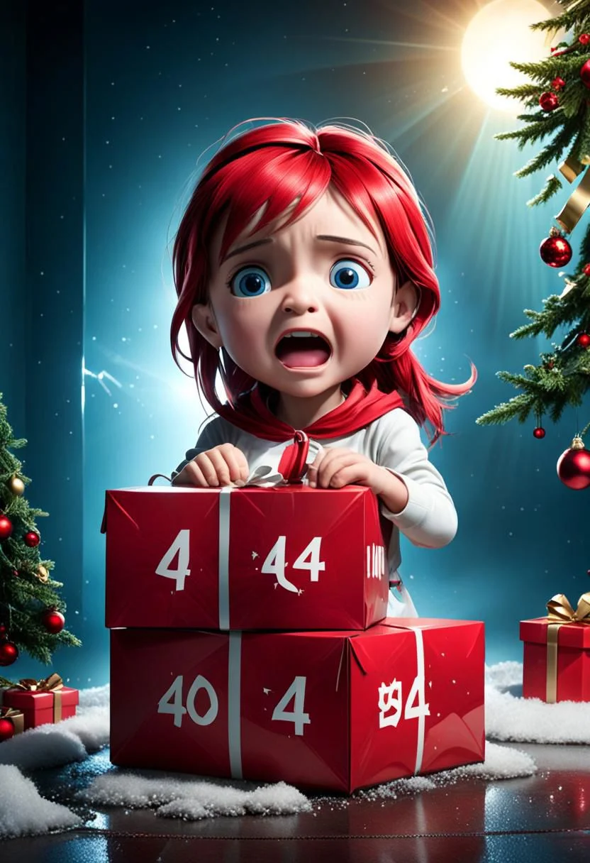 (("404" text logo:3) in large prominent font, centered in a box held by crying child), child holding box with text while crying, red 3d lettering, "404" glowing, ominous flashing light, shadows, ray traced, Christmas tree background dof