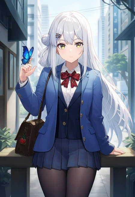 masterpiece,best quality,amazing quality,very aesthetic,absurdres,newest,scenery,<lora:yagi yui_Mahjong Soul_ilxl_v1-000015:1>,yagi yui,1girl,solo,white hair,long hair,yellow eyes,bowtie,blue jacket,white shirt,shoulder bag,looking at viewer,black pantyhose,looking at viewer,upper body,pleated skirt, butterfly on hand,single side bun
