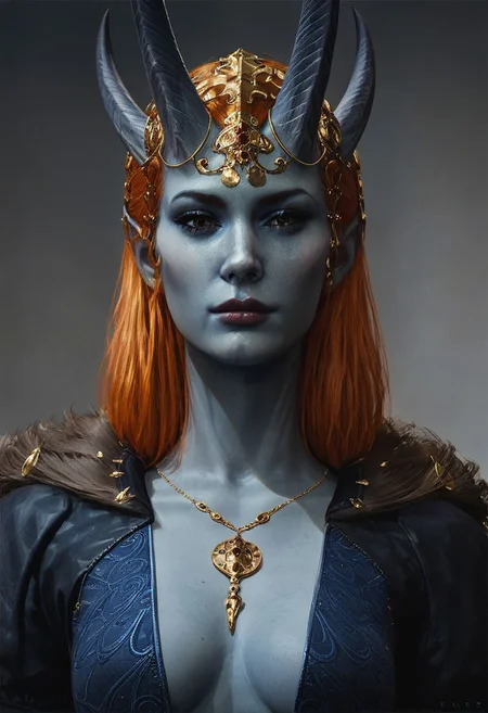 score_9, score_8_up, score_7_up, 1girl, orange hair, long haird, blue dress, bang, detailed face, elongated face, looking at the viewer, medium breasts, beautiful eyes, Illuminblueated face, concept art, horns, grey skin, blue skin, wings, wings out of focus, focus on face, medium shot,