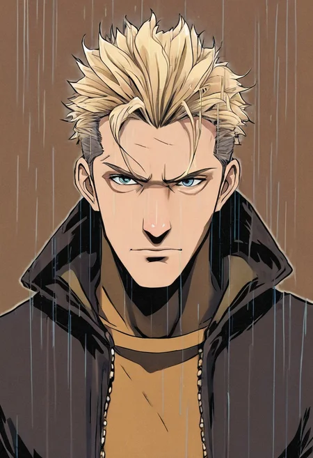 detailxl, high quality, artistic-strokes-style,
(dark artistic blank background:1.3)
(half body shot, looking at viewer, angry, dark:1.4),
(digital-painting, eye contact, looking at viewer, source_anime, traditional art, lineart, DC, man, (blonde hair), short beard, hard eyes, hard face, muscle man, attractive face, rating_safe, zPDXL, sci-fi, space, full body, scars over forhead, future clothing, thick sifi armor, brown sifi cloak cowboy, outlaw, brown cowboy hat, cybernetic eyebach, black pants, rain:1.8),
(detective cop in jacket in new york street)