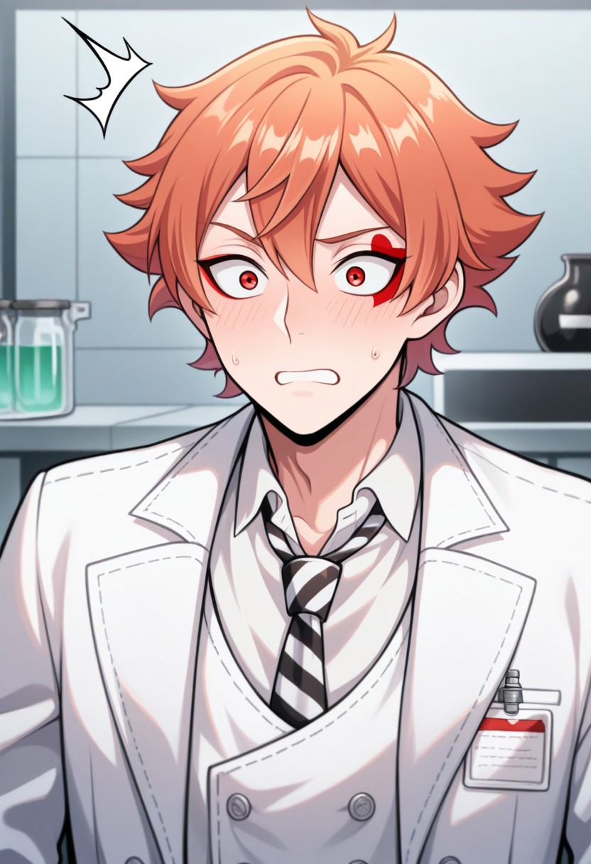 masterpiece,best quality,amazing quality, source_anime, 
acetrappola, 1boy, male focus, solo, red eyes, orange hair, facial tattoo, heart tattoo, shirt, white shirt, collared shirt, necktie, striped necktie, black and white necktie, labcoat, surprised, sweatdrop, lab, potions,