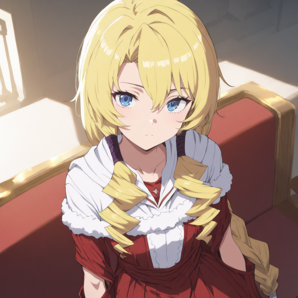 1girl,solo,looking at viewer,masterpiece,high score,great score,absurdres,red dress,<lora:Lashara_tmwg ag4o v1:1> lashara_tmwg, blonde hair, blue eyes,