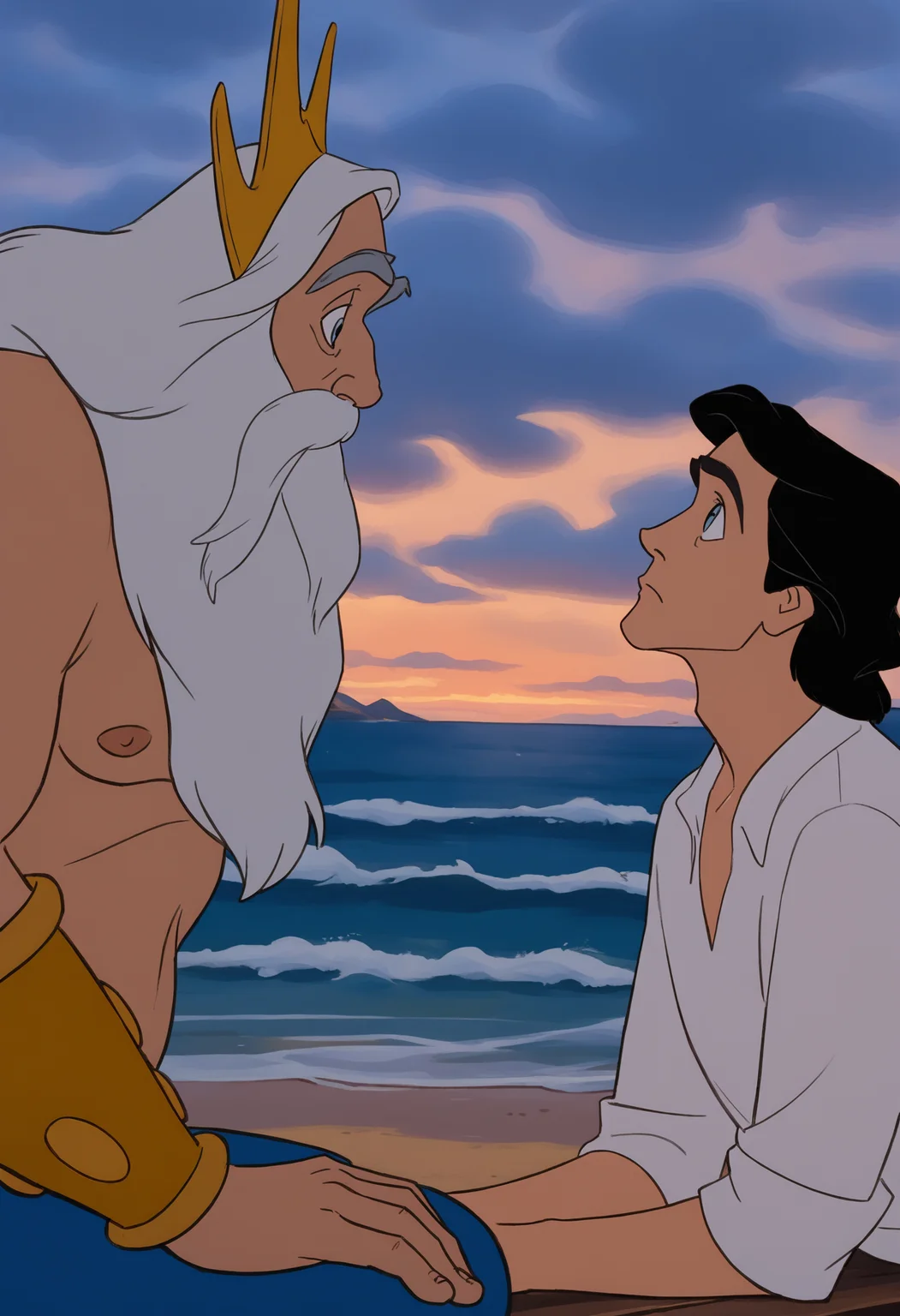 age difference, (dutch angle:1.5), {subject:2boys, from side, eye contact}, very awa, masterpiece, best quality, absurdres, newest, perfect quality, detailed background, intricate details,
{subject}, <lora:King_Triton_from_The_Little_Mermaid_v1.0_1778582:1> kingtriton, old man, white hair, long hair, long beard, long mustache, thick mustache, grey eyebrows, thick eyebrows, long eyebrows, blue eyes, merman, blue tail, gold crown, gold bracers, hand on ground, topless, looking down, prone bone, leaning forward, thick arms, plump, upper body, sitting,
beach, dawn, cloudy sky, beach, waves,
{subject}, <lora:Prince_Eric_Illust:1> prince_eric, black hair, blue eyes, white shirt, skinny, looking up, (close-up:1.75), on stomach, getting up,