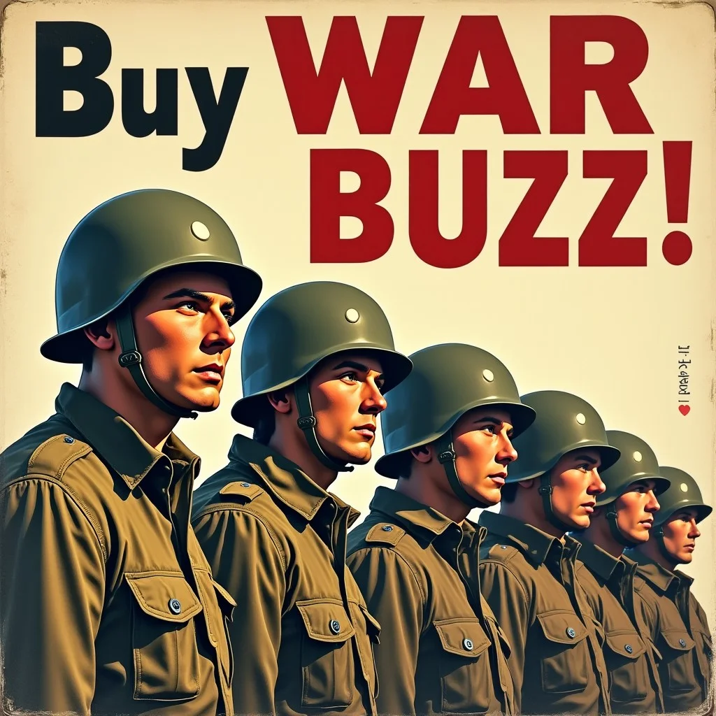 A world war 2 allied propaganda poster. Soldiers lined up with the text "Buy war buzz!"