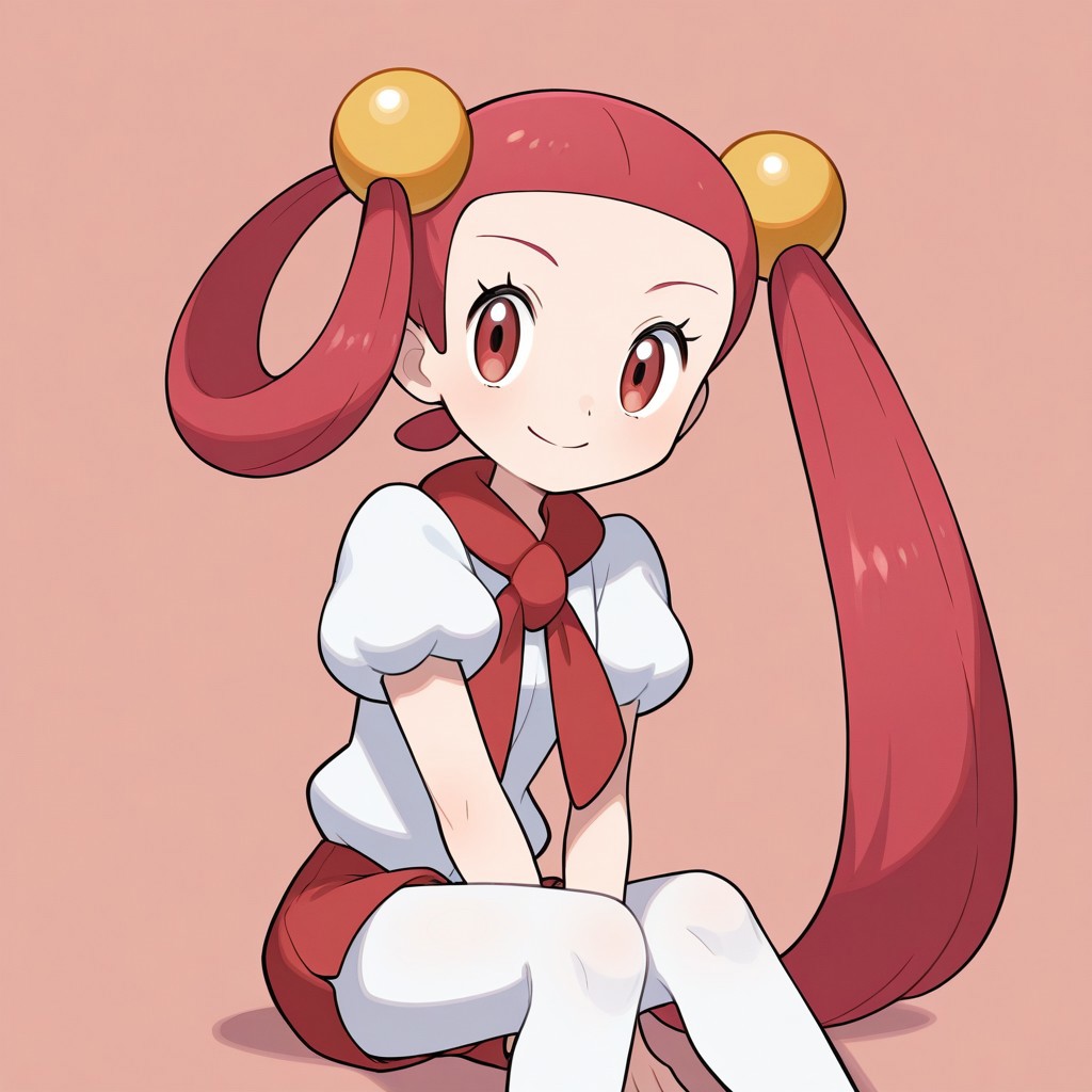 1girl, solo, mira (pokemon), smile, very long hair, pink hair, red hair, hair rings, twintails, hair beads, asymmetrical hair, tied hair, red eyes, red scarf, white shirt, puffy short sleeves, red shorts, short shorts, white pantyhose, legwear under shorts, sitting, arms between legs