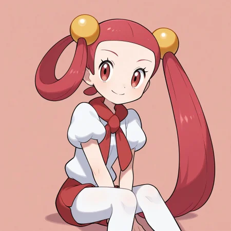 1girl, solo, mira (pokemon), smile, very long hair, pink hair, red hair, hair rings, twintails, hair beads, asymmetrical hair, tied hair, red eyes, red scarf, white shirt, puffy short sleeves, red shorts, short shorts, white pantyhose, legwear under shorts, sitting, arms between legs