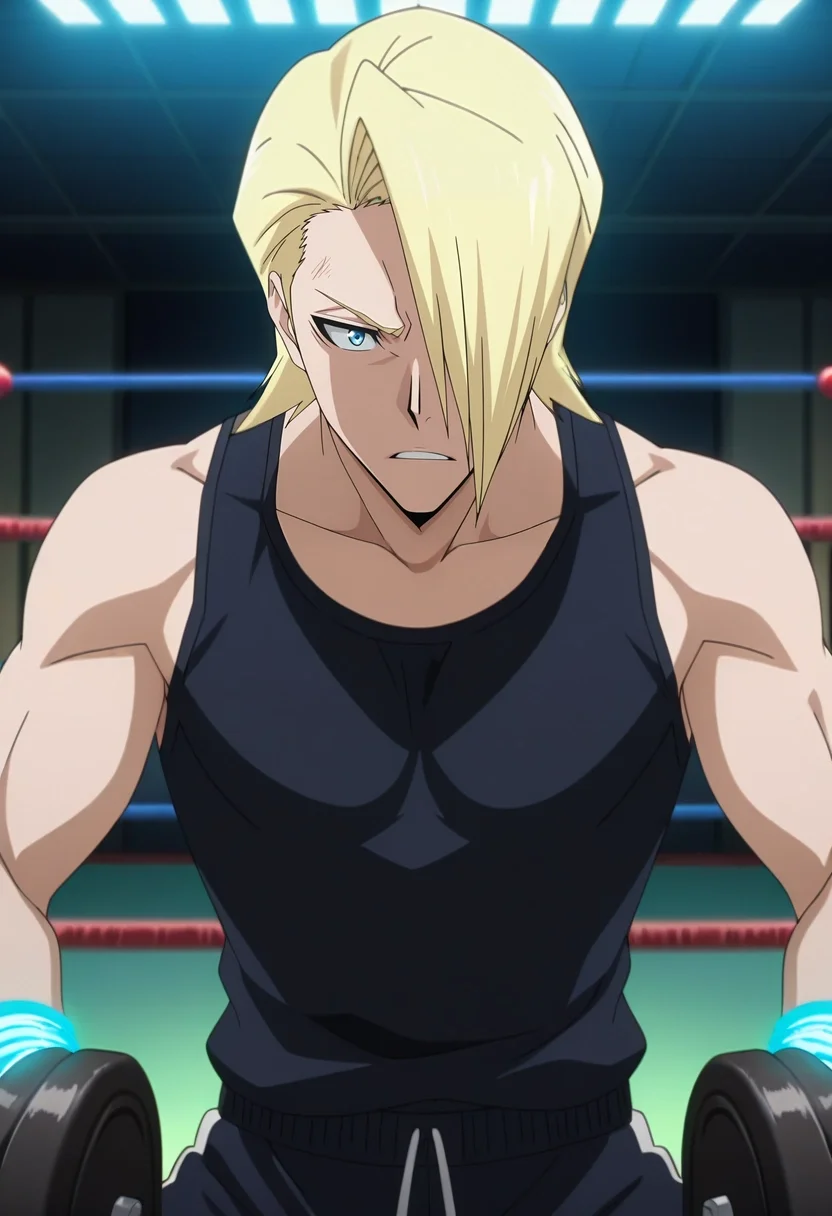 masterpiece, best quality, , anime screencap, anime coloring, official style, , 1boy, solo, male focus, <lora:izuru_kira_ilxl:0.92>, izuru_kira, blonde hair, blue eyes, short hair, hair over one eye, , boxing gym, heavy bags, glowing ropes, clanging weights, training pose, intense expression, gritty lighting, ,