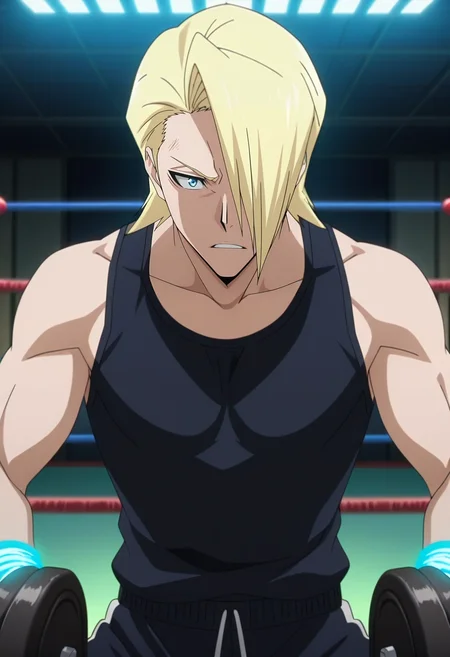 masterpiece, best quality, , anime screencap, anime coloring, official style, , 1boy, solo, male focus, <lora:izuru_kira_ilxl:0.92>, izuru_kira, blonde hair, blue eyes, short hair, hair over one eye, , boxing gym, heavy bags, glowing ropes, clanging weights, training pose, intense expression, gritty lighting, ,