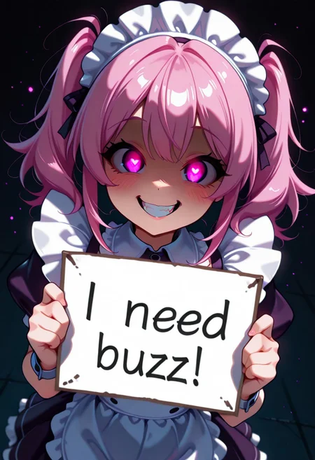 1girl, solo, civchan, medium_hair, pink hair, looking_at_viewer, smile, bangs, anime, simple_background, black background, twintails, purple_eyes, boots, maid, teeth, grin, glowing, glowing_eyes, dutch angle, (pout:0.9),need_buzz, holding sign
heart-shaped pupils, [crazy eyes], cg, masterpiece, 8k, holding technological orb, meme, comic
<lora:CivChan:0.9>with vibrant colors, dynamic hand hands, and a happy facial expression, in a detailed background with particles passing in front. Magic particles floating, 5k resolution, expressive, warm tones, god rays, volumetric lighting, daylight, subject separation, depth of field random elements, and a chaotic yet organized atmosphere.