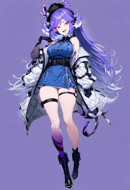 masterpiece, best quality, ultra-detailed, beautiful, nai3, 1girl, solo, full_body, tachi-e,
selen tatsuki, boots, dress, tail, dragon tail, hat, blue dress, official alternate costume, dragon girl, sleeveless, ponytail, belt, smile, gloves, long hair, breasts, open mouth, very long hair, thigh strap, simple background, hair ornament, jacket, bangs, hairclip, fang, wings, black footwear, looking at viewer, black belt, pointy ears,