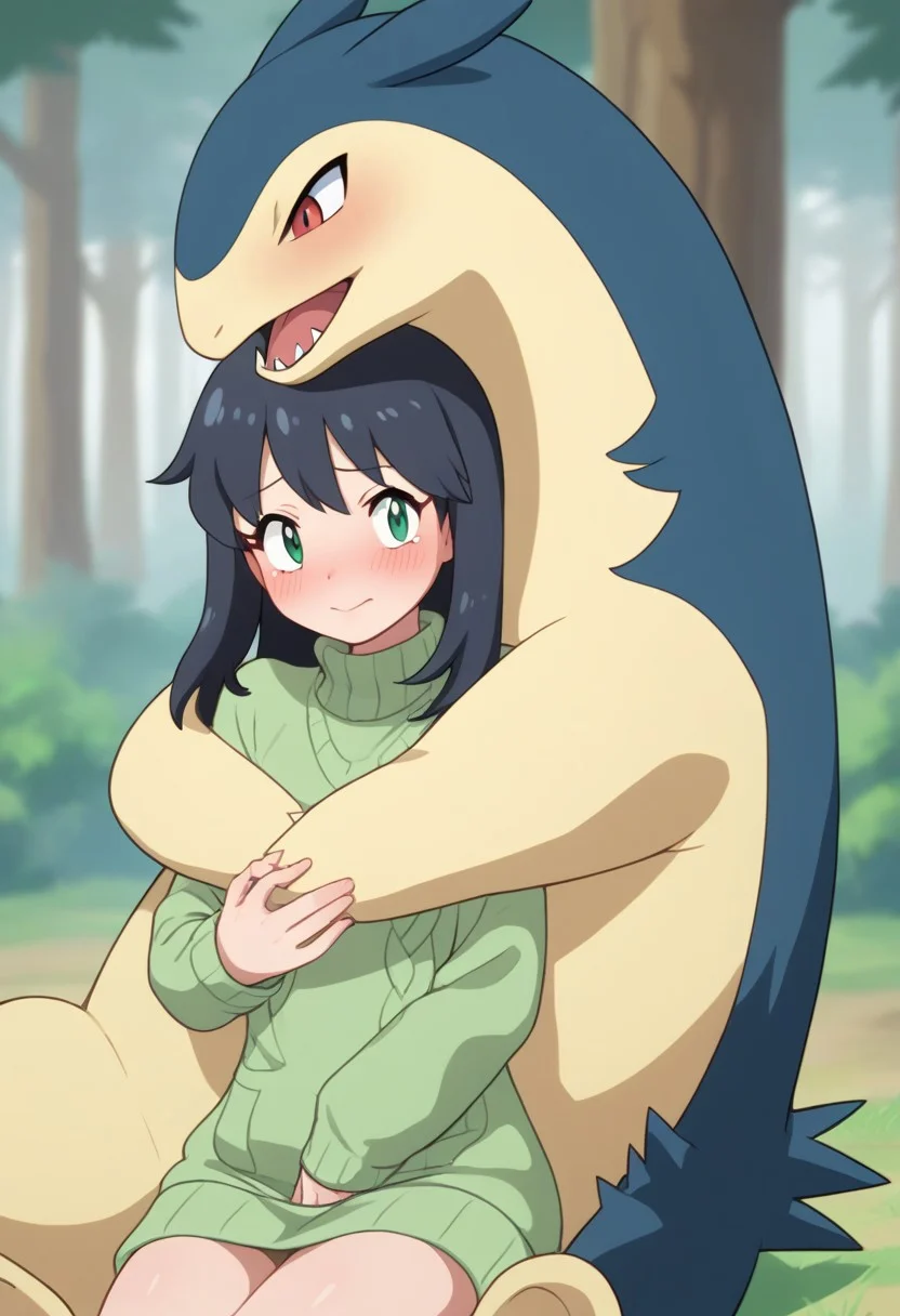 (source_anime, score_9, score_8_up, score_7_up:1), pmandgal, hugging, 1girl, 1poke, bigpoke, female human, male typhlosion, black hair, green eyes, beige sweater, looking at viewer, outdoors, forest, pokemon \(classic anime\), anime screencap, rating_safe
