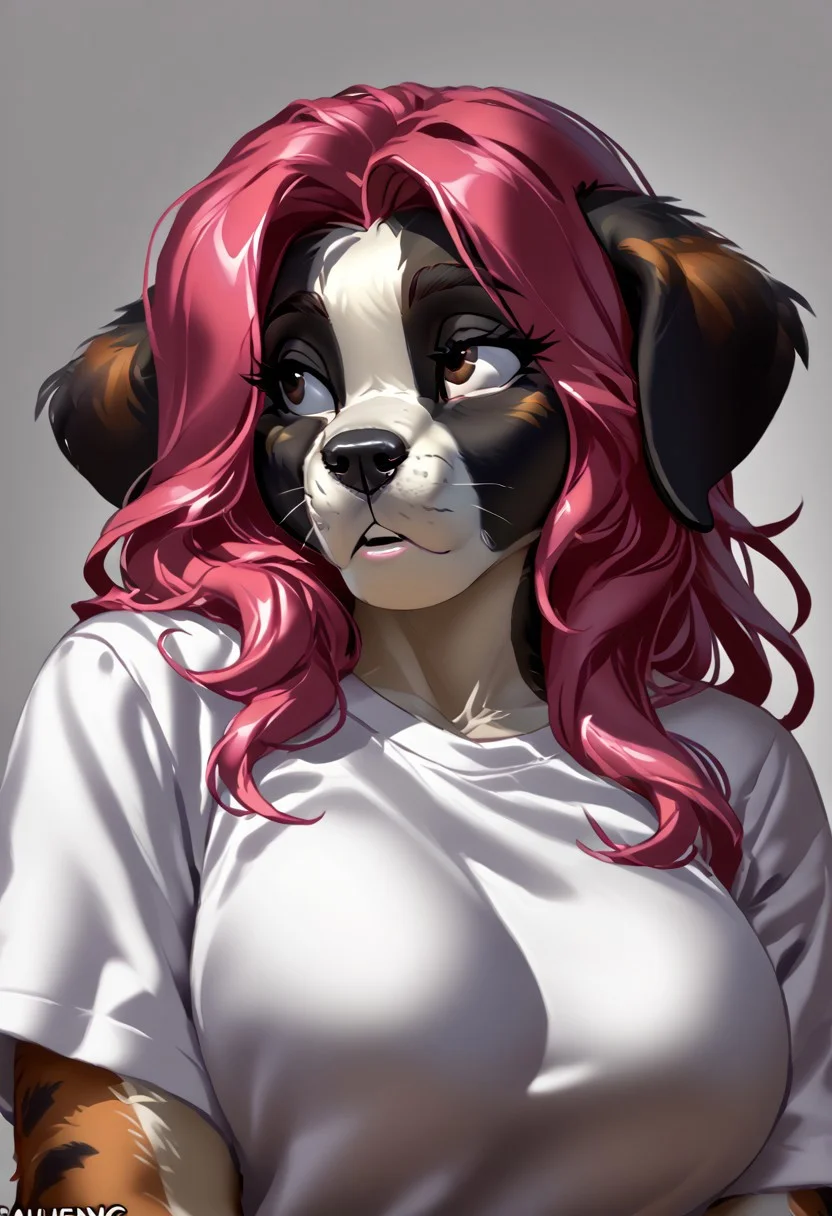 score_9, score_8_up, score_7_up, (by kittydee:1.5), (by jailbird:1.5), (by zummeng:1.5), masterpiece, best quality,
(Furry Art: Anthro: Saint Bernard:1.5), 1girl, expressive eyes, feminine eyes, perfect face, feminine face, (floppy dog ears), multicolored fur, (black fur markings around eyes), (large breasts), perfect face, brown eyes, pink hair, (long hair), (t-shirt)