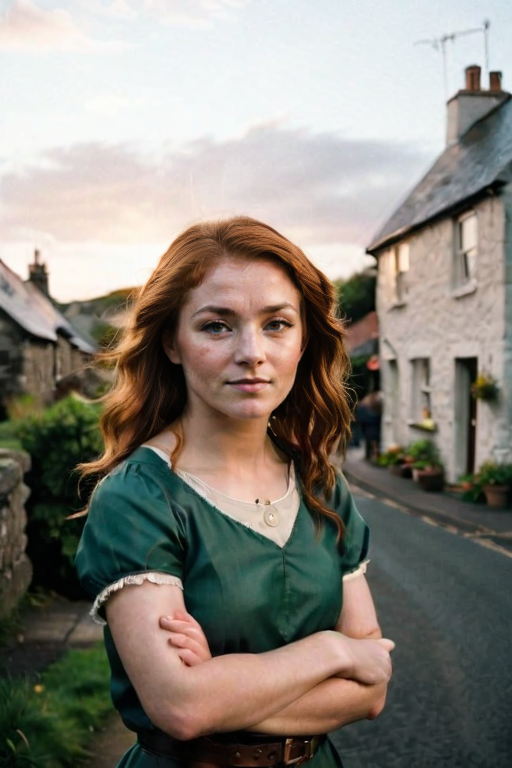 In a picturesque Irish village, there's Keeva O'Cannon, a fiery-haired woman embodying the spirit of Ireland. Her strength is evident in every line on her face, yet her lively humor and welcoming nature light up the town. Her home is a haven for all, where laughter flows freely and stories are shared over hearty meals. Family is her heart, and she cherishes her connections with loved ones. As the sun sets, she stands proudly, a true daughter of Ireland, radiating its warmth and resilience for all to see.
arms crossed portrait
<lora:add-detail-xl:0.8>
<lora:AnalogRedmondV2-Analog-AnalogRedmAF:0.8> analog, AnalogRedmAF
<lora:people_005_cosine_iter2_ 0000005_sdxl_10epoches_adafactor:0.8>