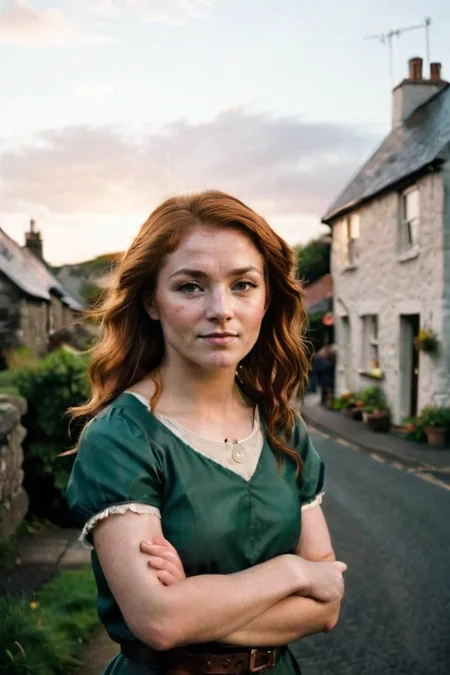 In a picturesque Irish village, there's Keeva O'Cannon, a fiery-haired woman embodying the spirit of Ireland. Her strength is evident in every line on her face, yet her lively humor and welcoming nature light up the town. Her home is a haven for all, where laughter flows freely and stories are shared over hearty meals. Family is her heart, and she cherishes her connections with loved ones. As the sun sets, she stands proudly, a true daughter of Ireland, radiating its warmth and resilience for all to see.
arms crossed portrait
<lora:add-detail-xl:0.8>
<lora:AnalogRedmondV2-Analog-AnalogRedmAF:0.8> analog, AnalogRedmAF
<lora:people_005_cosine_iter2_ 0000005_sdxl_10epoches_adafactor:0.8>