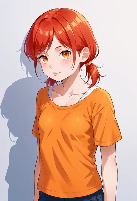 score_9, score_7_up, source_anime, BREAK <lora:molokonomi_ForPonyV2:1>, 1girl, red hair, orange eyes, amber eyes, tsurime, swept bangs, parted bangs, low twintails, short hair, medium hair, small breasts,
