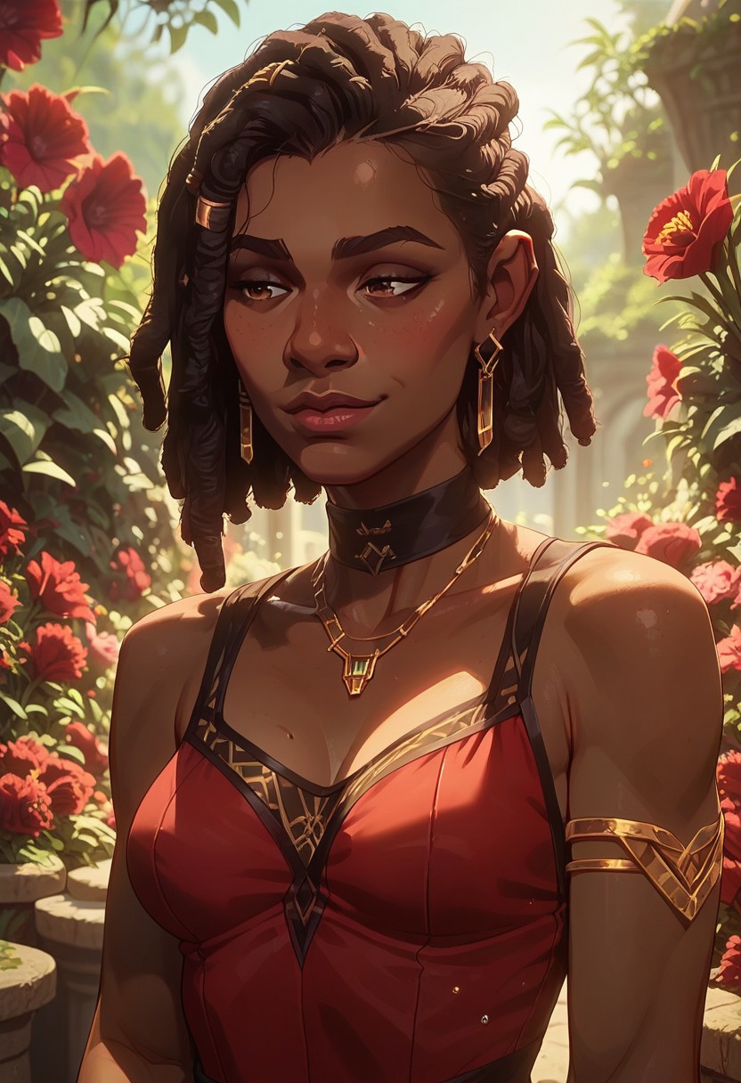 score_9, score_8_up, score_7_up, score_6_up, score_5_up, score_4_up, source_cartoon,
1girl, dark-skinned female, standing, smelling flowers, holding flowers to face, 
black hair, dreadlocks,
brown eyes, satisfied, smiling, detailed face, blushing,
medium breasts, fit, athletic, 
elegenent red dress, golden jewelry, exposed shoulders, 
outdoors, garden, red flowers, floral scenery,
close-up view, view of back,
Expressiveh, g0th1c, mel,